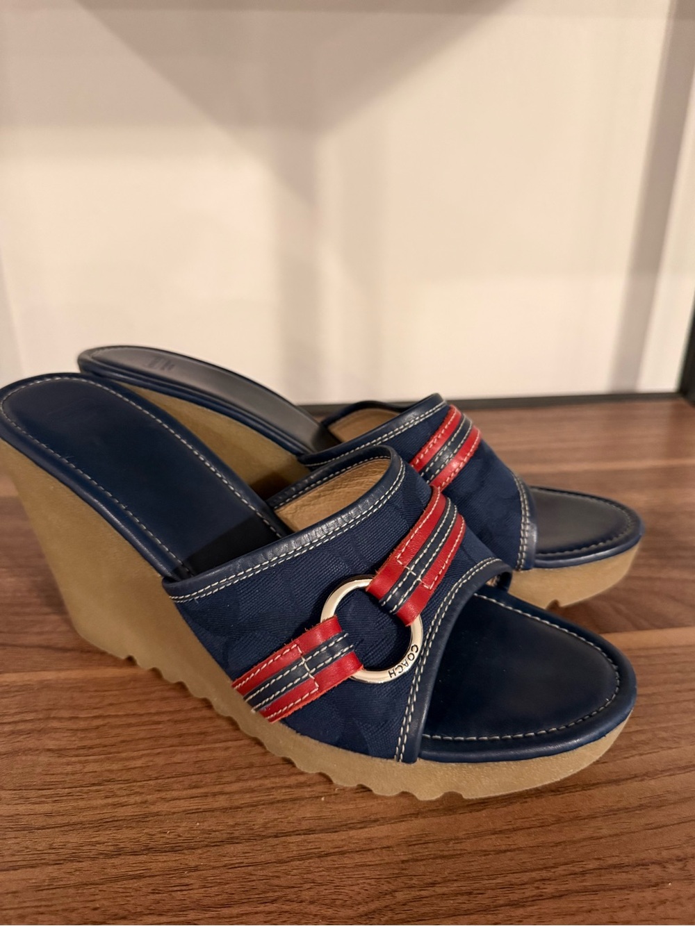 Coach Navy and Red Wedge Slide Sandals